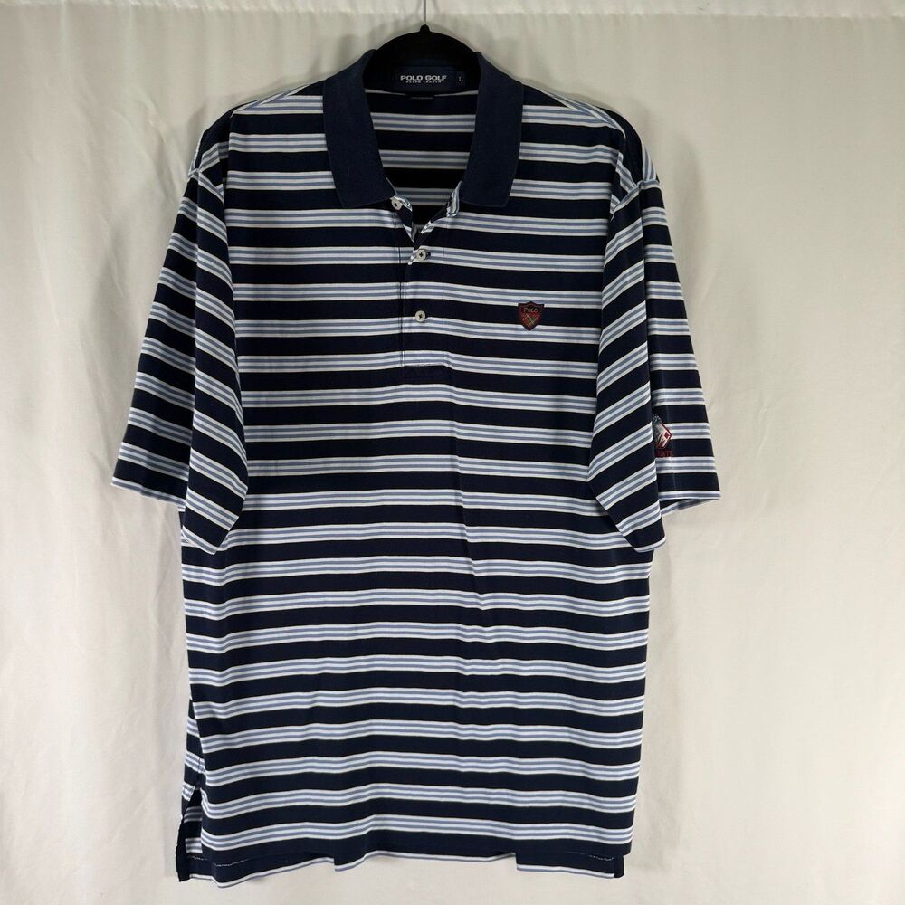 Polo Golf Ralph Lauren Men's Large Blue White Striped Short Sleeve Collared